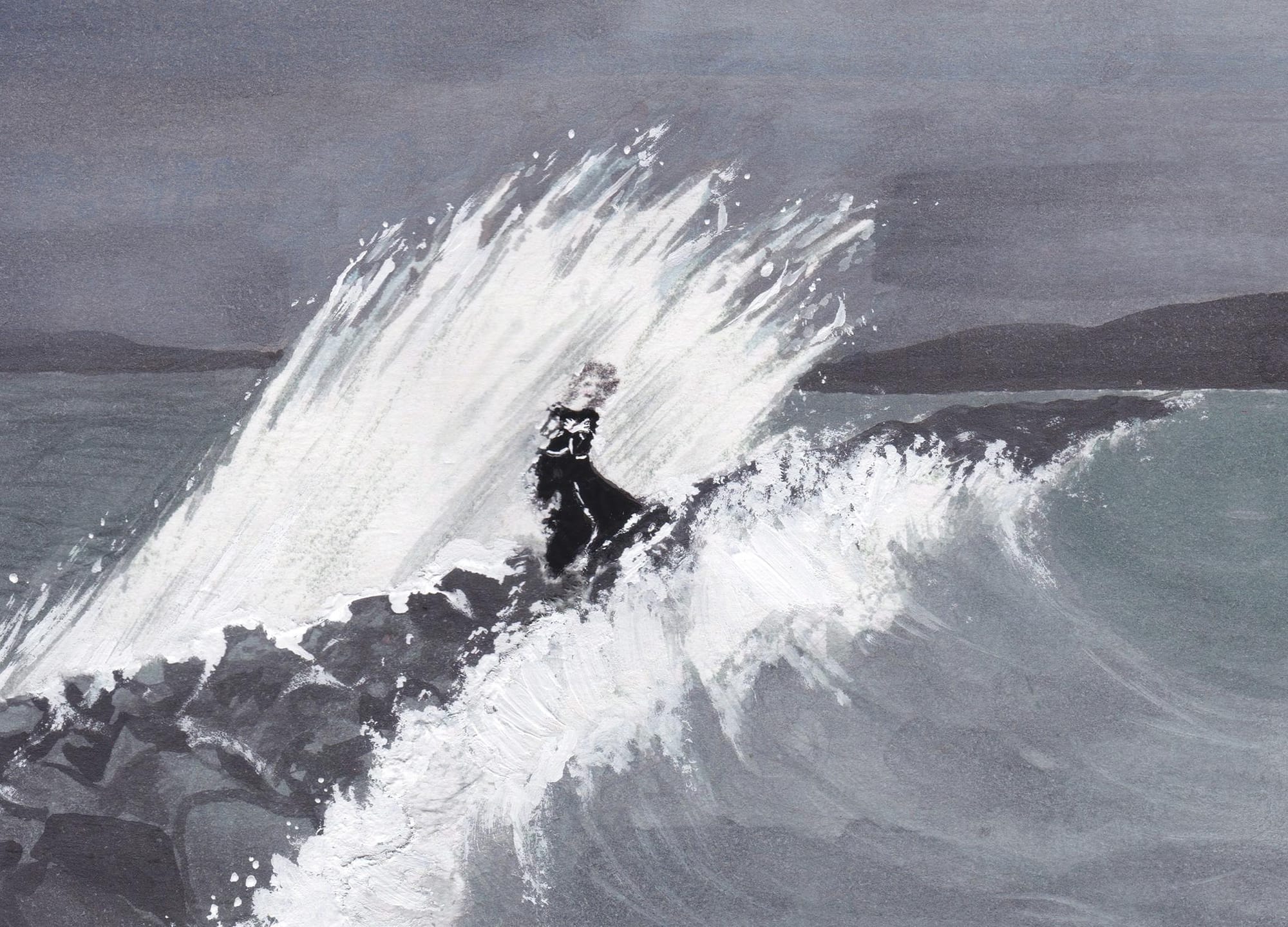 Female figure dressed in black, hit by a wave from behind on a breakwater.