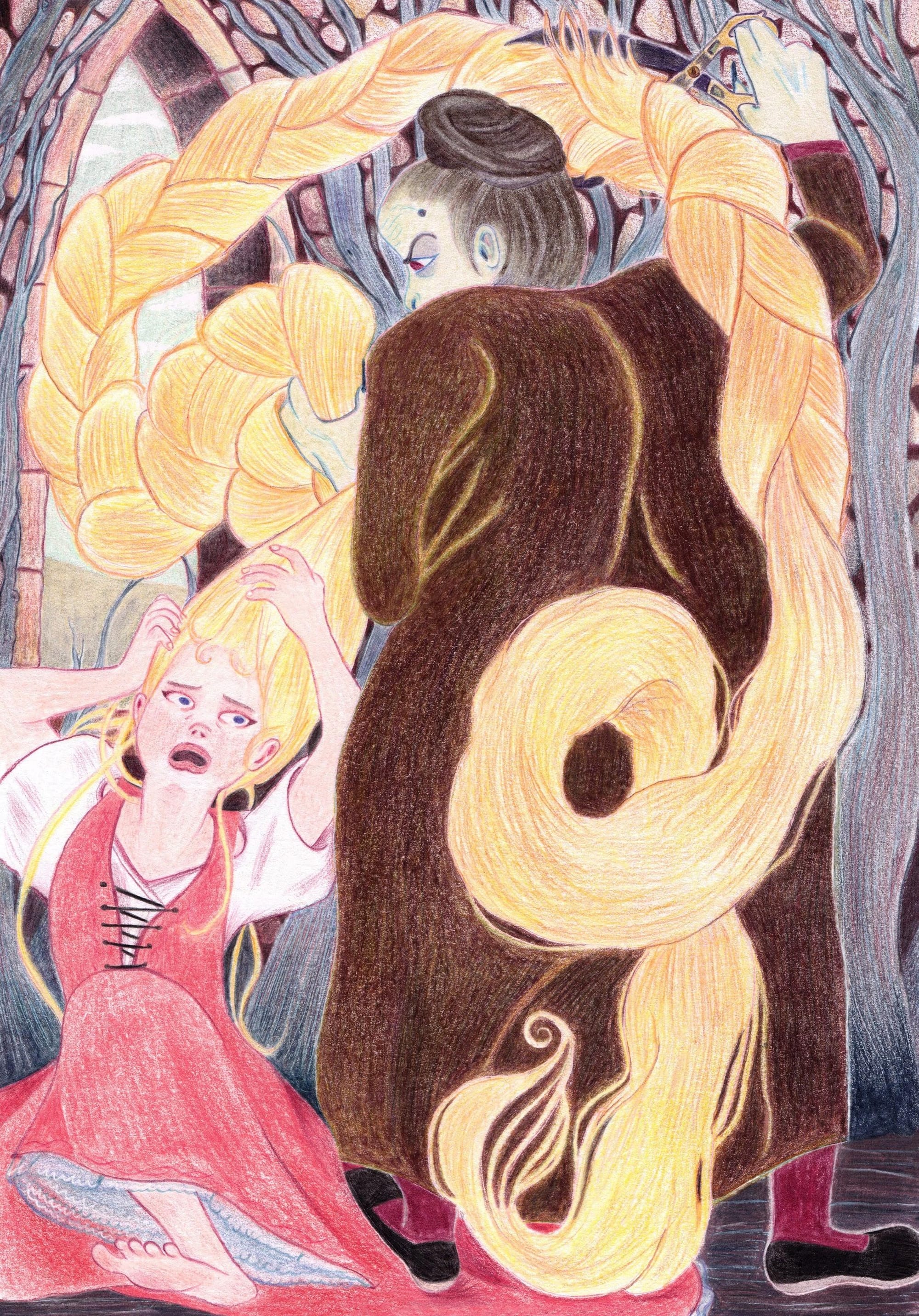 Large witch standing on Rapunzel's hair, grabbing her big gloden braid to cut it away