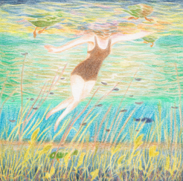 Underwater pond scene drawing, unknown female character swimming among ducks and fishes in hues of green, blue and yellow.