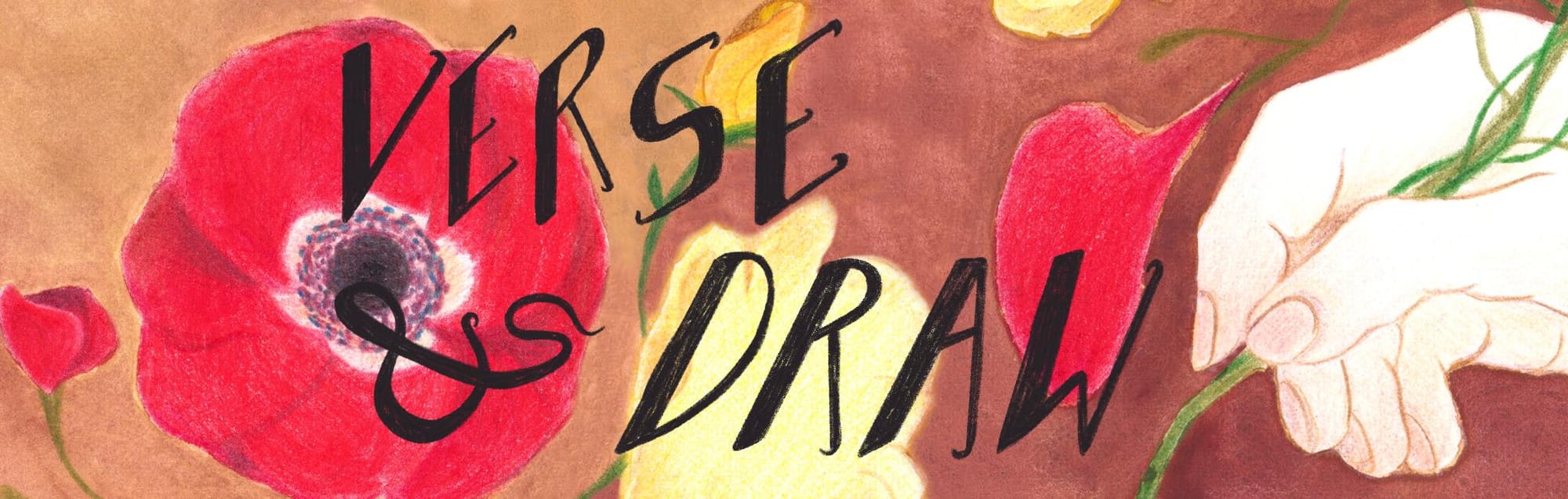 Banner illustration with 'Verse & Draw' hand drawn type against landscape version of painting, with red flower and hand on sides.