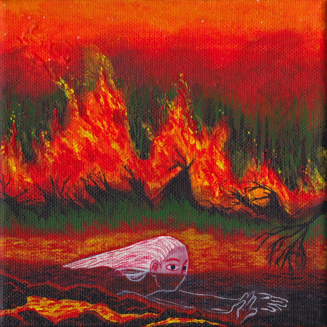 Painting of human being swimming away amidst a volcanic and fiery landscape
