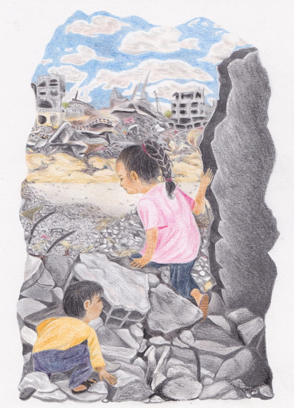 Colour pencil drawing illustrating two children in a rubbled landscape