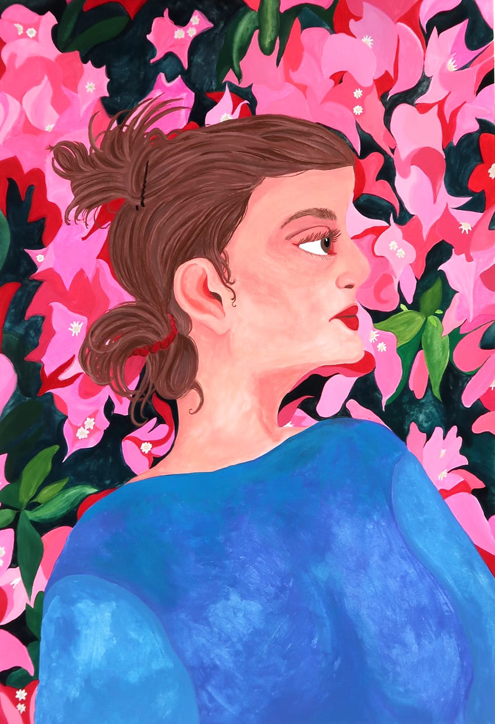 Acrylic and gouache painting of a woman dressed in blue in front of pink flowers