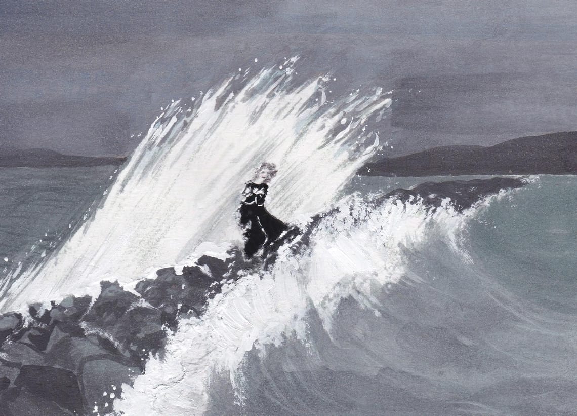 Female figure dressed in black, hit by a wave from behind on a breakwater.